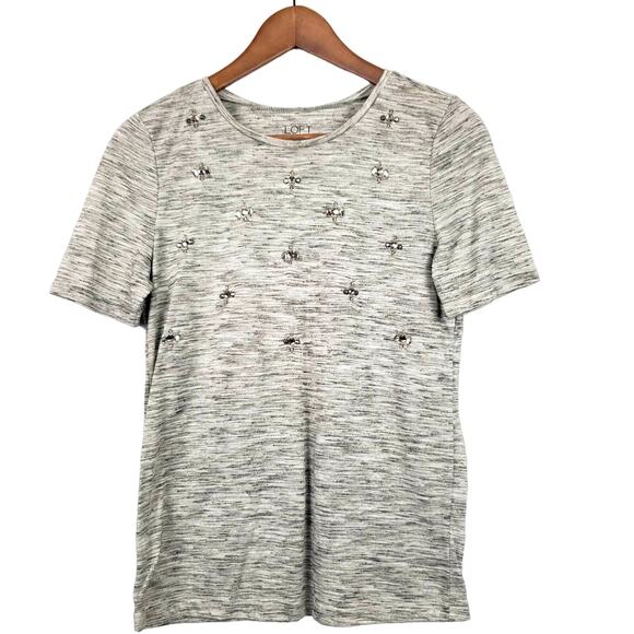 Ann Taylor LOFT Tee Scoop Neck Casual Jersey Knit Gray Crystal Stud - S - Picture 1 of 5